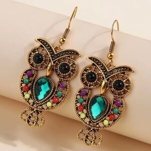 Bohemian Style Colorful Shiny Rhinestone Owl Design Dangle Earrings